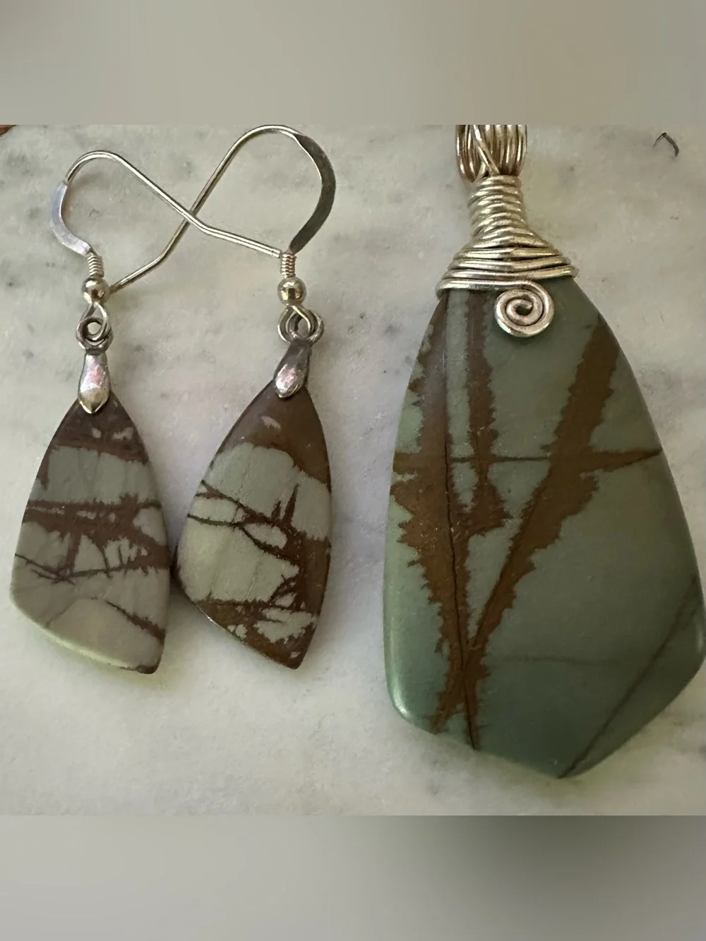 Handmade Jasper Pendant Necklace with Matching Earrings Set in Sterling Silver